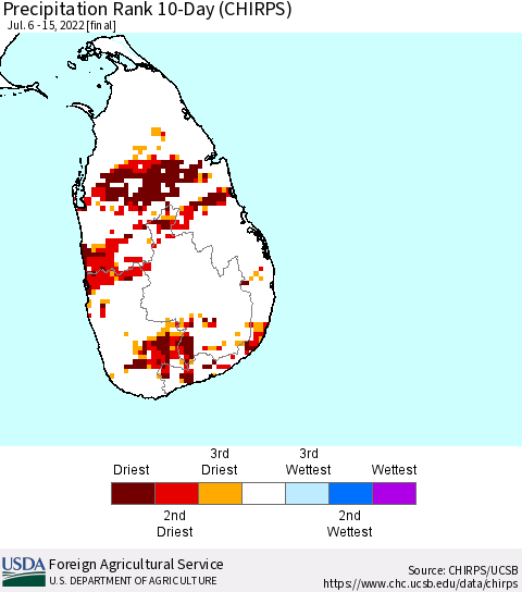 Sri Lanka Precipitation Rank since 1981, 10-Day (CHIRPS) Thematic Map For 7/6/2022 - 7/15/2022