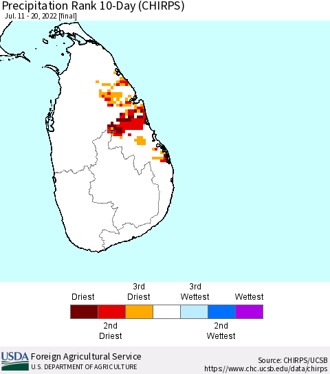 Sri Lanka Precipitation Rank since 1981, 10-Day (CHIRPS) Thematic Map For 7/11/2022 - 7/20/2022