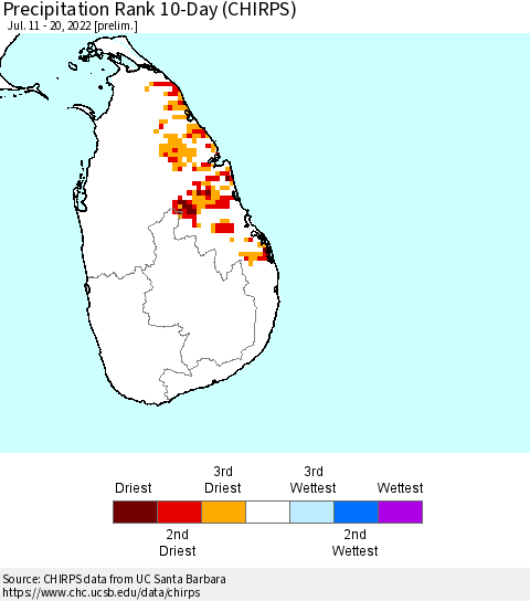 Sri Lanka Precipitation Rank 10-Day (CHIRPS) Thematic Map For 7/11/2022 - 7/20/2022