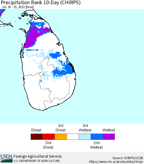 Sri Lanka Precipitation Rank since 1981, 10-Day (CHIRPS) Thematic Map For 7/16/2022 - 7/25/2022