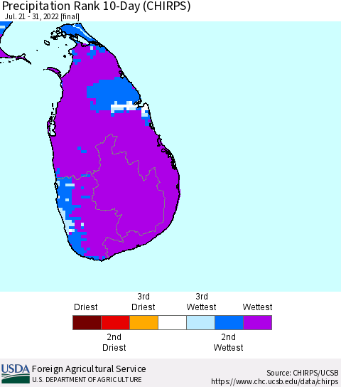 Sri Lanka Precipitation Rank since 1981, 10-Day (CHIRPS) Thematic Map For 7/21/2022 - 7/31/2022
