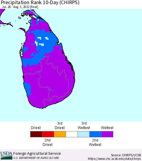 Sri Lanka Precipitation Rank since 1981, 10-Day (CHIRPS) Thematic Map For 7/26/2022 - 8/5/2022