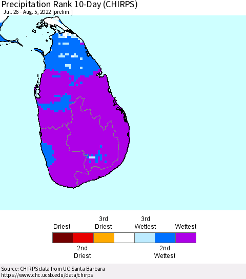 Sri Lanka Precipitation Rank 10-Day (CHIRPS) Thematic Map For 7/26/2022 - 8/5/2022