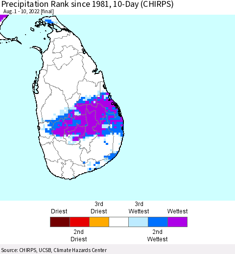 Sri Lanka Precipitation Rank since 1981, 10-Day (CHIRPS) Thematic Map For 8/1/2022 - 8/10/2022