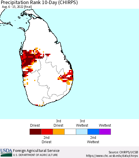 Sri Lanka Precipitation Rank since 1981, 10-Day (CHIRPS) Thematic Map For 8/6/2022 - 8/15/2022