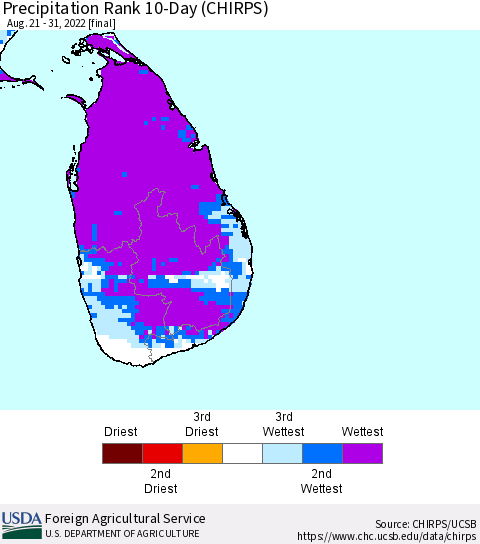 Sri Lanka Precipitation Rank since 1981, 10-Day (CHIRPS) Thematic Map For 8/21/2022 - 8/31/2022