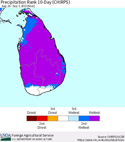 Sri Lanka Precipitation Rank since 1981, 10-Day (CHIRPS) Thematic Map For 8/26/2022 - 9/5/2022
