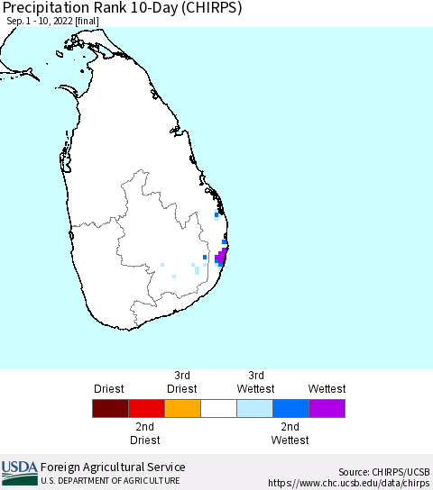 Sri Lanka Precipitation Rank since 1981, 10-Day (CHIRPS) Thematic Map For 9/1/2022 - 9/10/2022