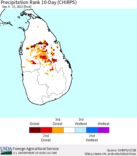 Sri Lanka Precipitation Rank since 1981, 10-Day (CHIRPS) Thematic Map For 9/6/2022 - 9/15/2022