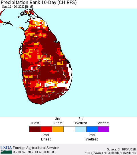 Sri Lanka Precipitation Rank since 1981, 10-Day (CHIRPS) Thematic Map For 9/11/2022 - 9/20/2022