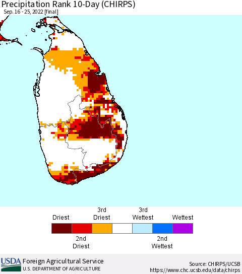 Sri Lanka Precipitation Rank since 1981, 10-Day (CHIRPS) Thematic Map For 9/16/2022 - 9/25/2022