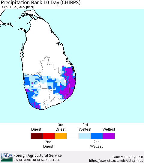 Sri Lanka Precipitation Rank since 1981, 10-Day (CHIRPS) Thematic Map For 10/11/2022 - 10/20/2022