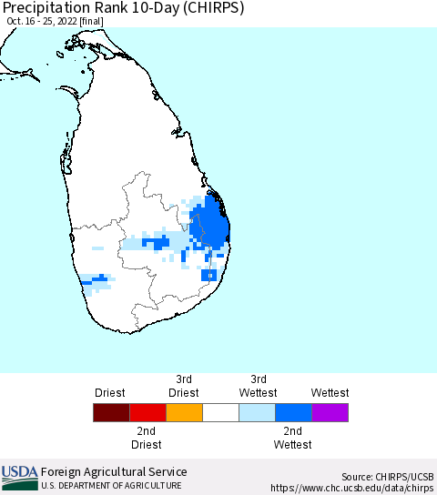 Sri Lanka Precipitation Rank since 1981, 10-Day (CHIRPS) Thematic Map For 10/16/2022 - 10/25/2022