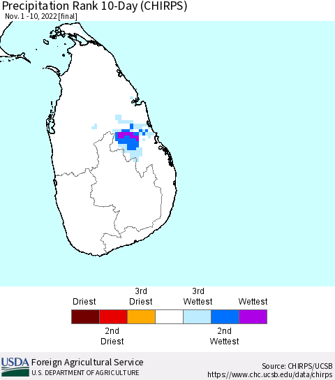 Sri Lanka Precipitation Rank since 1981, 10-Day (CHIRPS) Thematic Map For 11/1/2022 - 11/10/2022