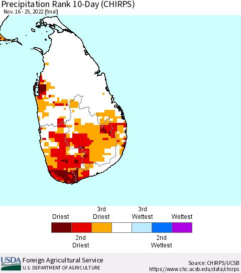 Sri Lanka Precipitation Rank since 1981, 10-Day (CHIRPS) Thematic Map For 11/16/2022 - 11/25/2022