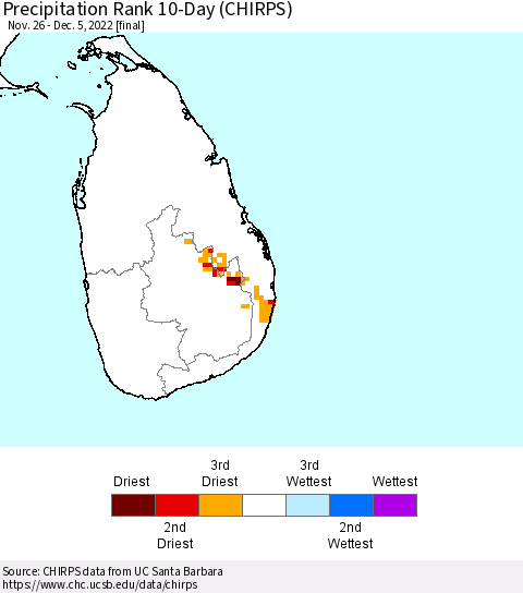Sri Lanka Precipitation Rank 10-Day (CHIRPS) Thematic Map For 11/26/2022 - 12/5/2022