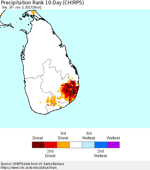 Sri Lanka Precipitation Rank since 1981, 10-Day (CHIRPS) Thematic Map For 12/26/2022 - 1/5/2023