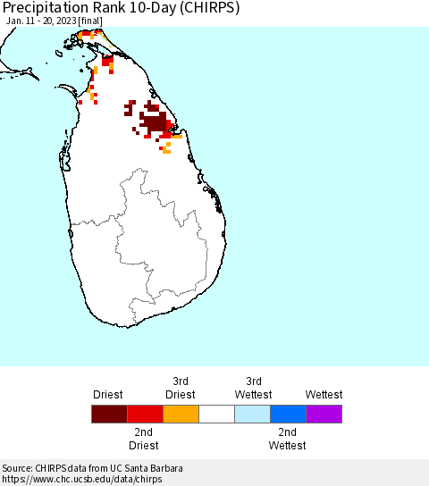 Sri Lanka Precipitation Rank since 1981, 10-Day (CHIRPS) Thematic Map For 1/11/2023 - 1/20/2023