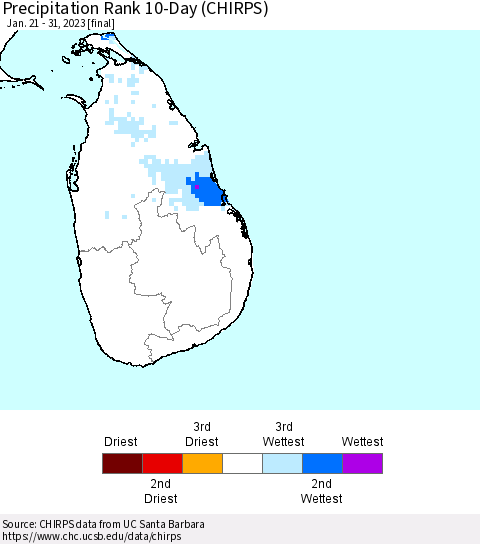 Sri Lanka Precipitation Rank 10-Day (CHIRPS) Thematic Map For 1/21/2023 - 1/31/2023