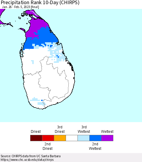 Sri Lanka Precipitation Rank 10-Day (CHIRPS) Thematic Map For 1/26/2023 - 2/5/2023