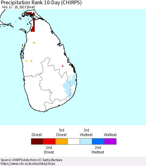 Sri Lanka Precipitation Rank 10-Day (CHIRPS) Thematic Map For 2/11/2023 - 2/20/2023
