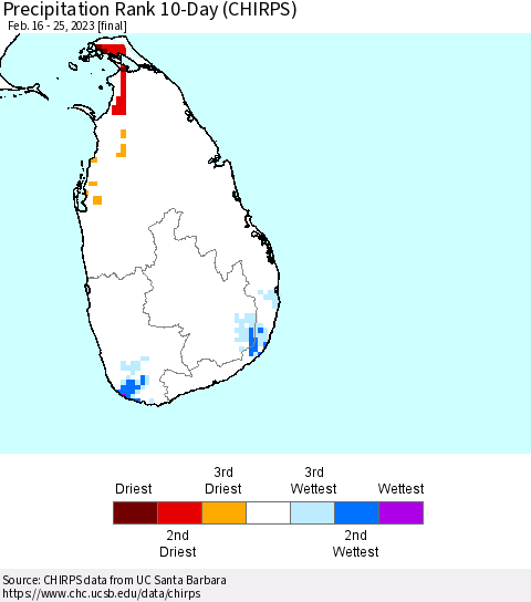 Sri Lanka Precipitation Rank 10-Day (CHIRPS) Thematic Map For 2/16/2023 - 2/25/2023