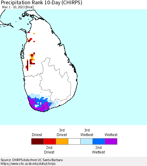 Sri Lanka Precipitation Rank since 1981, 10-Day (CHIRPS) Thematic Map For 3/1/2023 - 3/10/2023