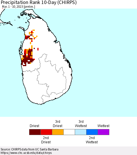 Sri Lanka Precipitation Rank 10-Day (CHIRPS) Thematic Map For 3/1/2023 - 3/10/2023