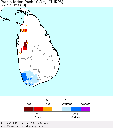 Sri Lanka Precipitation Rank since 1981, 10-Day (CHIRPS) Thematic Map For 3/6/2023 - 3/15/2023