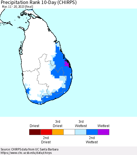 Sri Lanka Precipitation Rank since 1981, 10-Day (CHIRPS) Thematic Map For 3/11/2023 - 3/20/2023