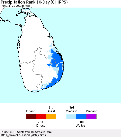 Sri Lanka Precipitation Rank 10-Day (CHIRPS) Thematic Map For 3/11/2023 - 3/20/2023