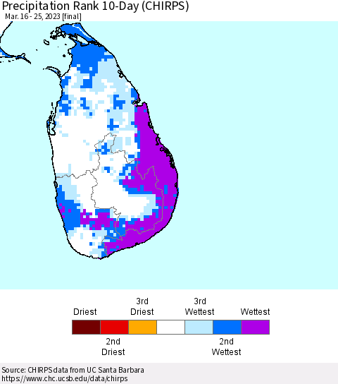 Sri Lanka Precipitation Rank since 1981, 10-Day (CHIRPS) Thematic Map For 3/16/2023 - 3/25/2023