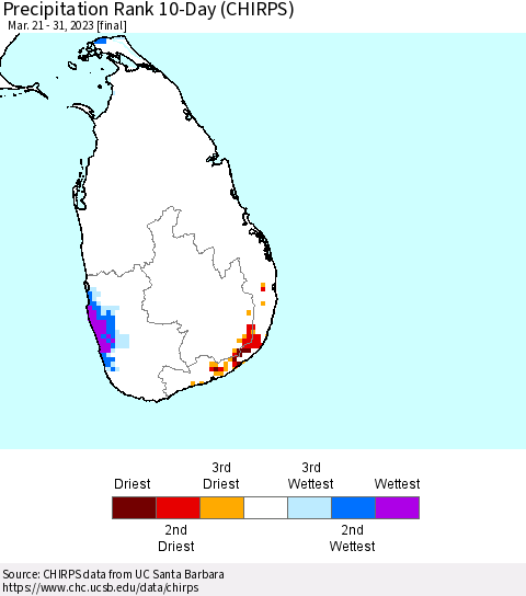 Sri Lanka Precipitation Rank since 1981, 10-Day (CHIRPS) Thematic Map For 3/21/2023 - 3/31/2023