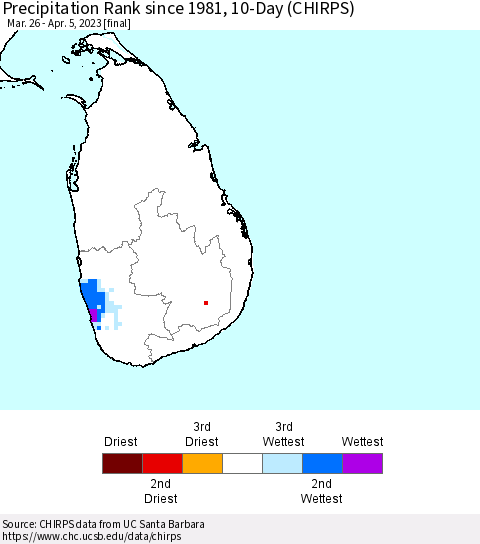 Sri Lanka Precipitation Rank since 1981, 10-Day (CHIRPS) Thematic Map For 3/26/2023 - 4/5/2023