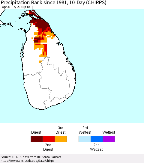 Sri Lanka Precipitation Rank since 1981, 10-Day (CHIRPS) Thematic Map For 4/6/2023 - 4/15/2023