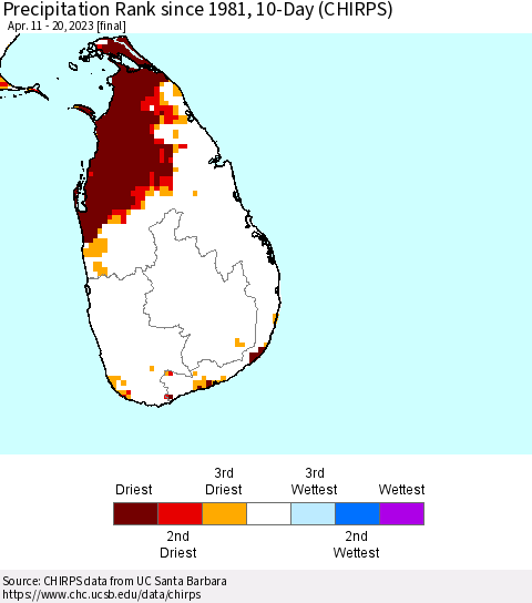 Sri Lanka Precipitation Rank since 1981, 10-Day (CHIRPS) Thematic Map For 4/11/2023 - 4/20/2023