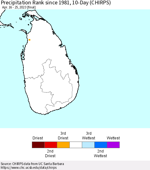 Sri Lanka Precipitation Rank since 1981, 10-Day (CHIRPS) Thematic Map For 4/16/2023 - 4/25/2023