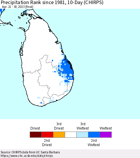 Sri Lanka Precipitation Rank since 1981, 10-Day (CHIRPS) Thematic Map For 4/21/2023 - 4/30/2023