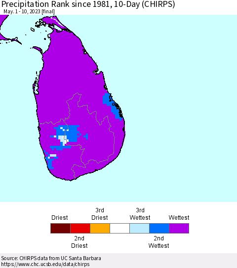 Sri Lanka Precipitation Rank since 1981, 10-Day (CHIRPS) Thematic Map For 5/1/2023 - 5/10/2023