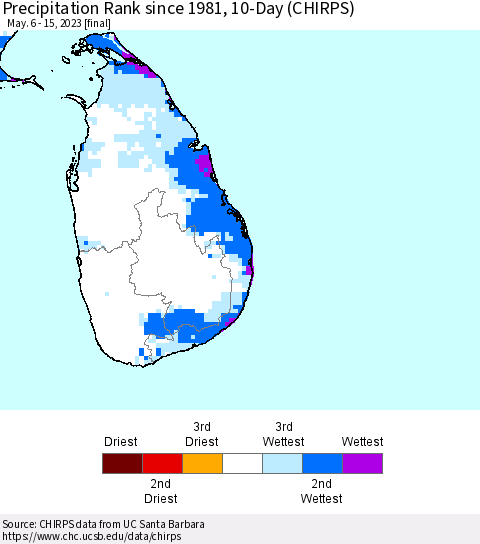Sri Lanka Precipitation Rank since 1981, 10-Day (CHIRPS) Thematic Map For 5/6/2023 - 5/15/2023