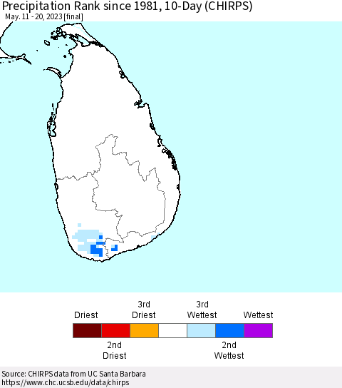 Sri Lanka Precipitation Rank since 1981, 10-Day (CHIRPS) Thematic Map For 5/11/2023 - 5/20/2023