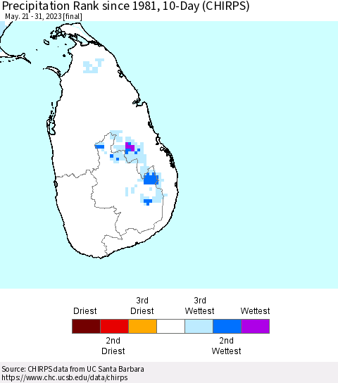 Sri Lanka Precipitation Rank since 1981, 10-Day (CHIRPS) Thematic Map For 5/21/2023 - 5/31/2023