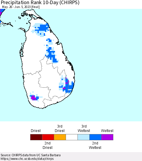 Sri Lanka Precipitation Rank since 1981, 10-Day (CHIRPS) Thematic Map For 5/26/2023 - 6/5/2023