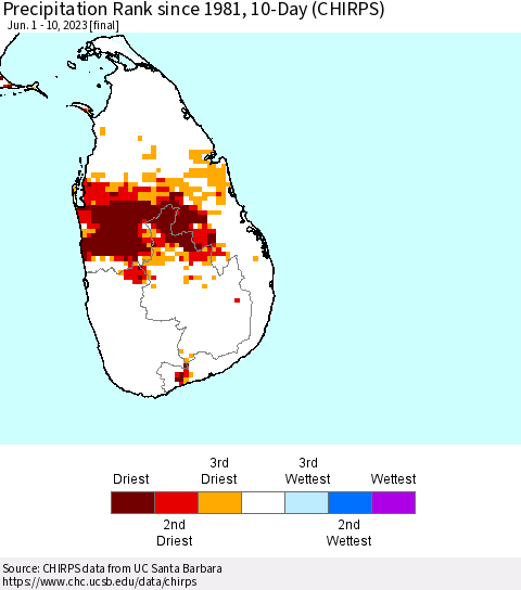 Sri Lanka Precipitation Rank since 1981, 10-Day (CHIRPS) Thematic Map For 6/1/2023 - 6/10/2023