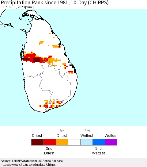 Sri Lanka Precipitation Rank since 1981, 10-Day (CHIRPS) Thematic Map For 6/6/2023 - 6/15/2023