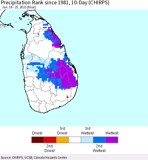 Sri Lanka Precipitation Rank since 1981, 10-Day (CHIRPS) Thematic Map For 6/16/2023 - 6/25/2023