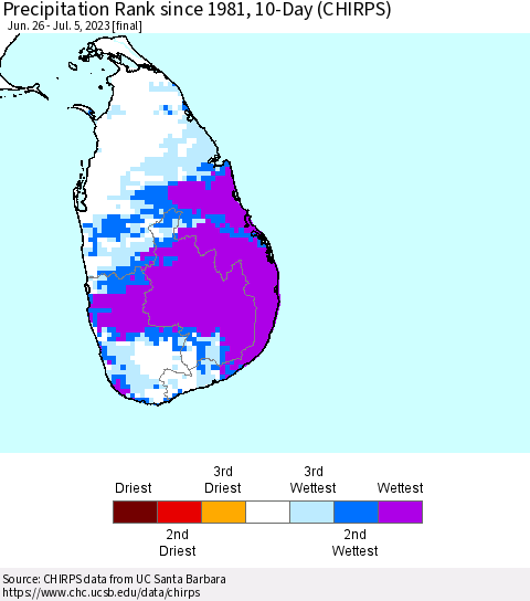 Sri Lanka Precipitation Rank since 1981, 10-Day (CHIRPS) Thematic Map For 6/26/2023 - 7/5/2023