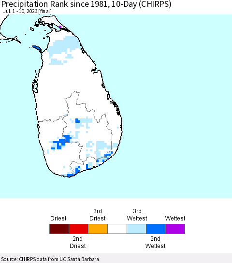 Sri Lanka Precipitation Rank since 1981, 10-Day (CHIRPS) Thematic Map For 7/1/2023 - 7/10/2023