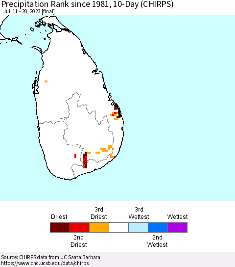 Sri Lanka Precipitation Rank since 1981, 10-Day (CHIRPS) Thematic Map For 7/11/2023 - 7/20/2023