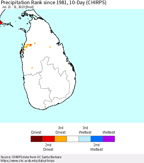 Sri Lanka Precipitation Rank since 1981, 10-Day (CHIRPS) Thematic Map For 7/21/2023 - 7/31/2023